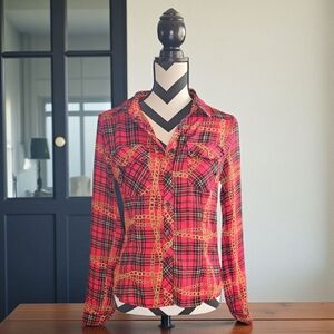 Fashion Nova Red Plaid Chain Blouse